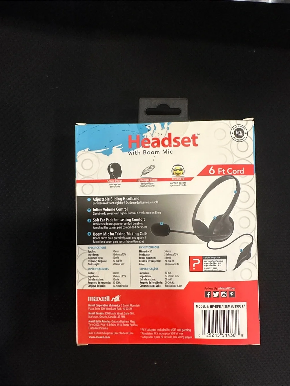 Maxell Black Headset with Boom Mic - 3.5mm to PC Y Adapter